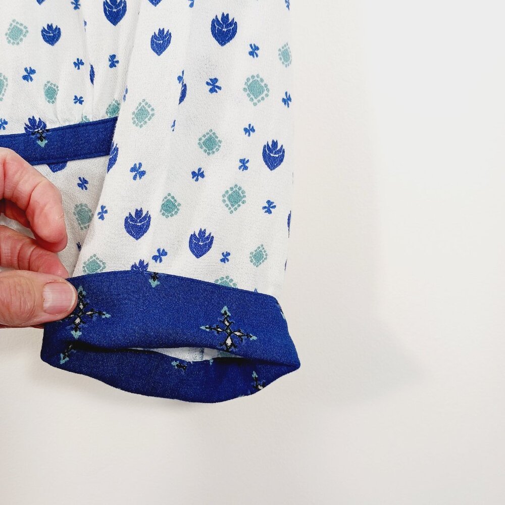 Free People Top, Size S, Wrap Front, Long Sleeve, White/Blue, Smocking, Boho - Picture 6 of 15